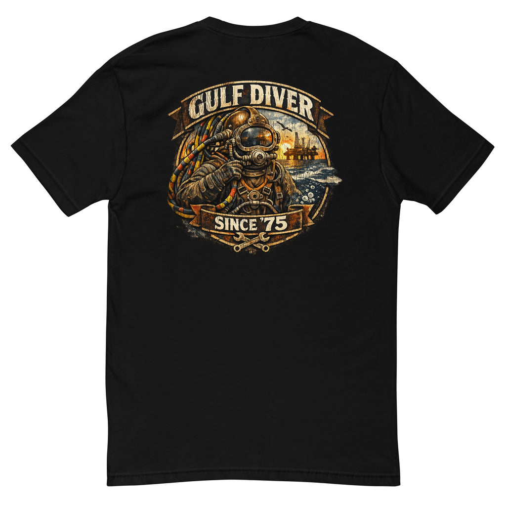 Gulf Diver Since '75 badge with a hard-hat diver, back print on a black men's fitted t-shirt