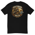 Gulf Diver Since '75 badge with a hard-hat diver, back print on a black men's fitted t-shirt