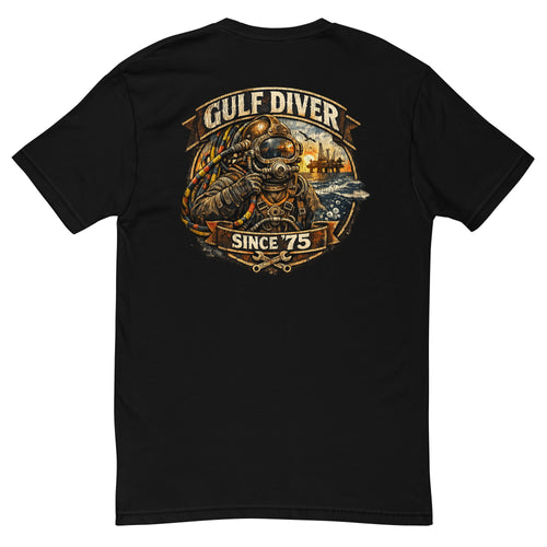 Gulf Diver Since '75 badge with a hard-hat diver, back print on a black men's fitted t-shirt