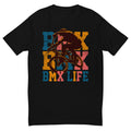 BMX Life tee with a rider jumping a BMX bike and blue, orange and pink lettering on a black fitted t-shirt