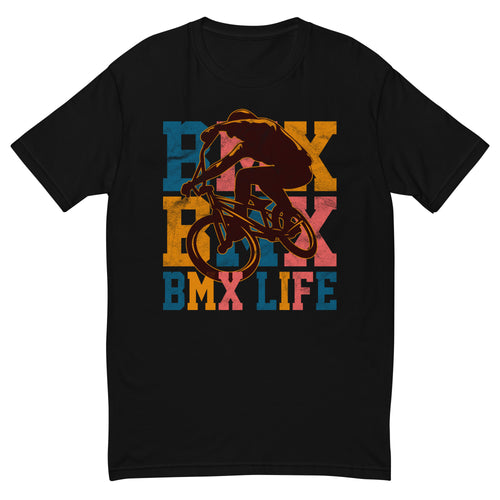 BMX Life tee with a rider jumping a BMX bike and blue, orange and pink lettering on a black fitted t-shirt