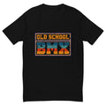 Old School BMX tee with blue and orange retro badge lettering on a black men's fitted t-shirt