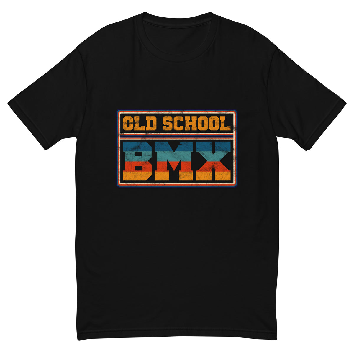 Old School BMX tee with blue and orange retro badge lettering on a black men's fitted t-shirt
