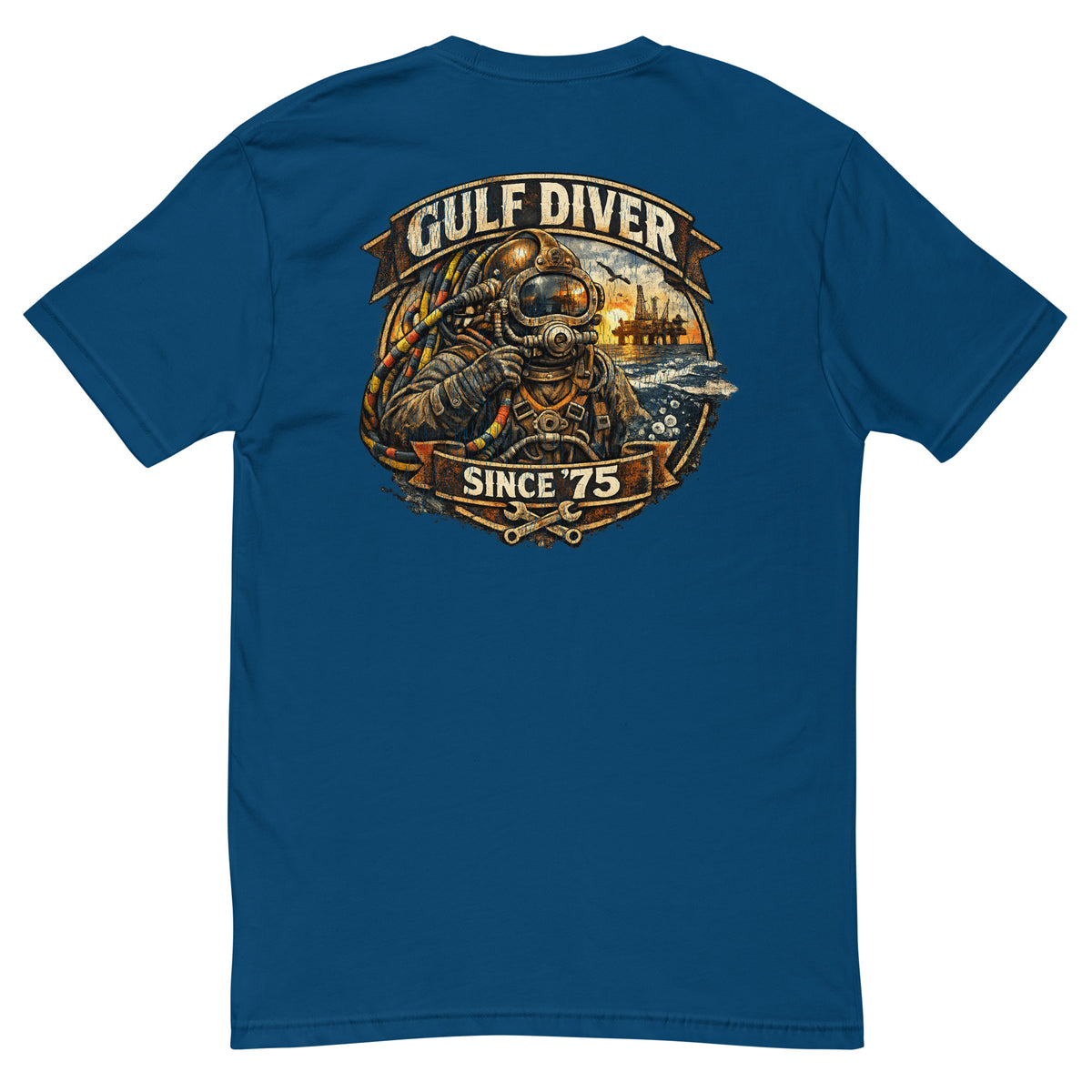Gulf Diver Since '75 badge with a hard-hat diver, back print on a cool blue men's fitted t-shirt
