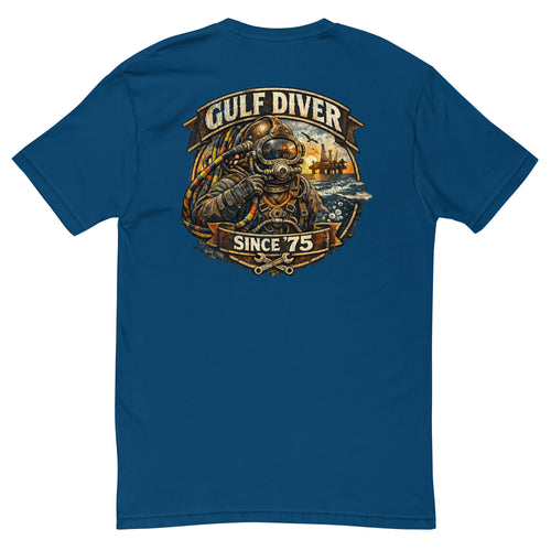 Gulf Diver Since '75 badge with a hard-hat diver, back print on a cool blue men's fitted t-shirt