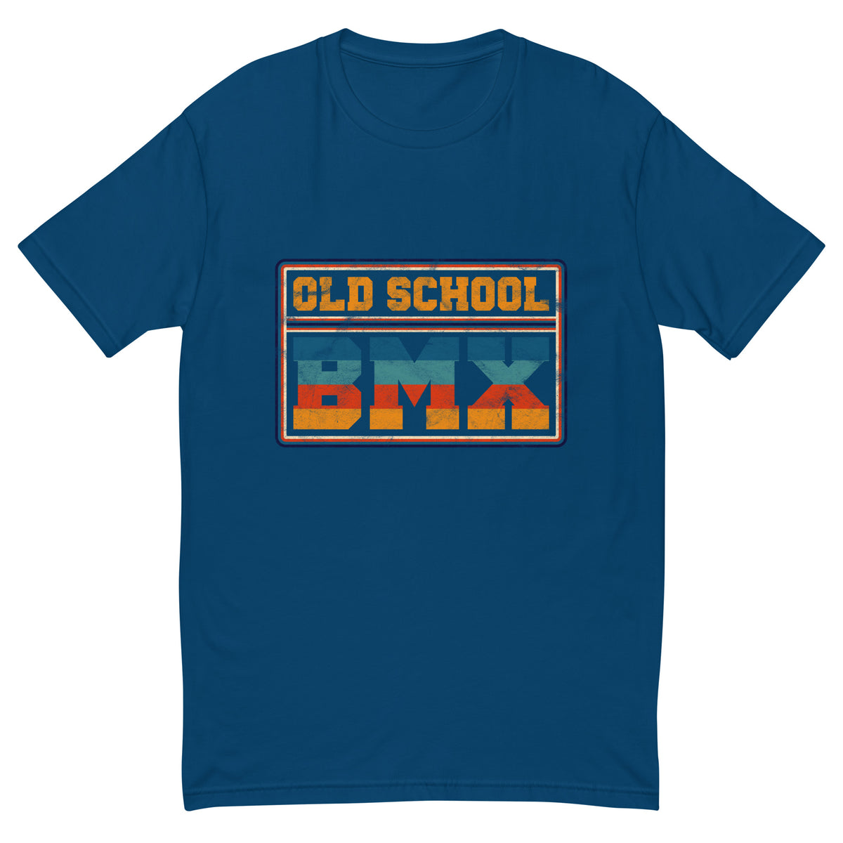 Old School BMX tee with blue and orange retro badge lettering on a cool blue men's fitted t-shirt