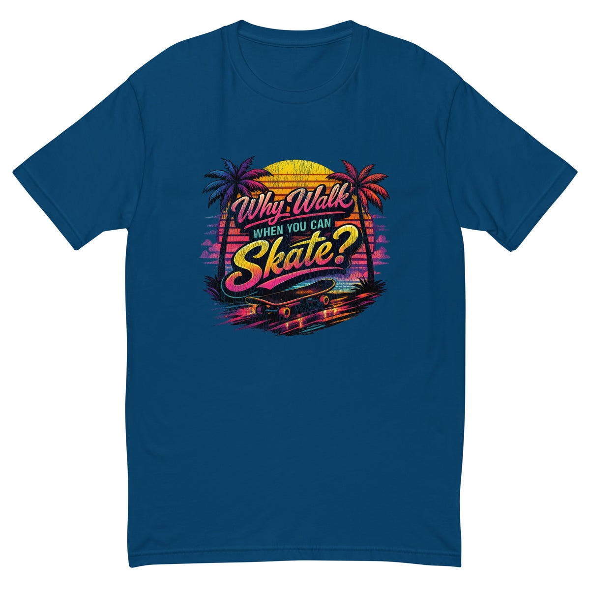 Retro sunset skate graphic with palm trees and neon colors on a cool blue men's fitted t-shirt