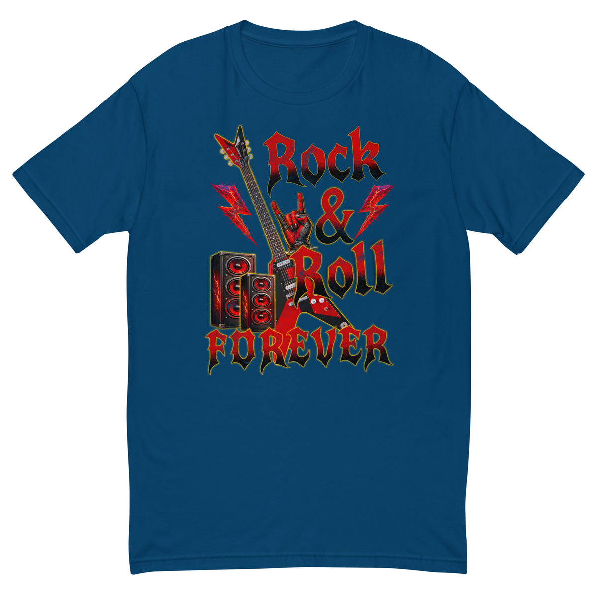 Rock & Roll Forever tee with a red guitar, lightning bolts and amp stack on a cool blue men's fitted t-shirt