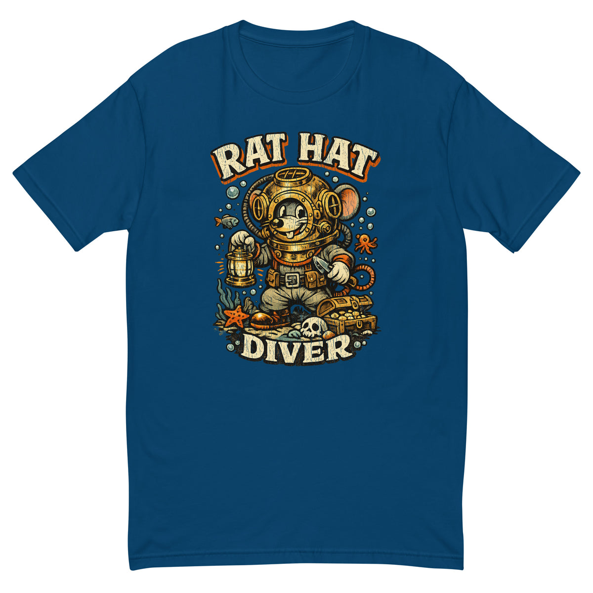 Rat Hat Diver mouse in a brass diving helmet badge on a cool blue men's fitted t-shirt
