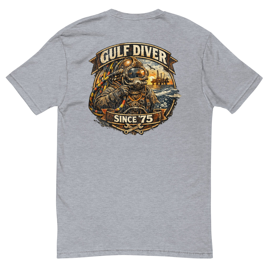 Gulf Diver Since '75 badge with a hard-hat diver, back print on a heather grey men's fitted t-shirt