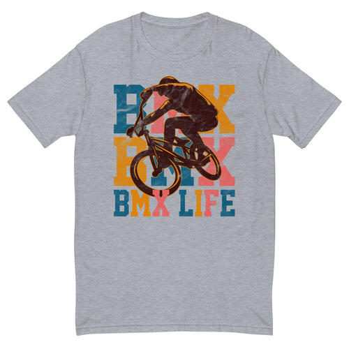 BMX Life tee with a rider jumping a BMX bike and blue, orange and pink lettering on a heather grey fitted t-shirt
