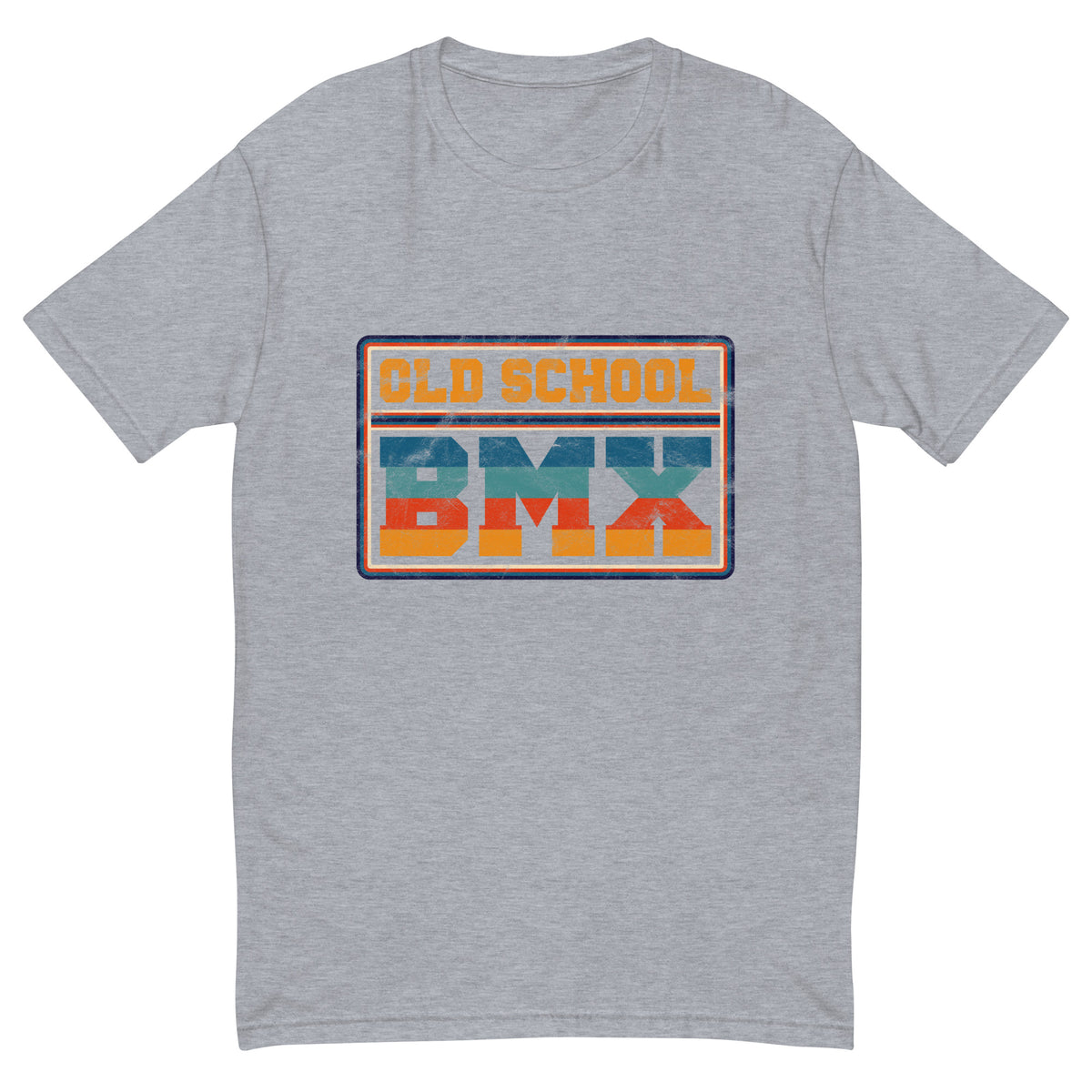 Old School BMX tee with blue and orange retro badge lettering on a heather grey men's fitted t-shirt