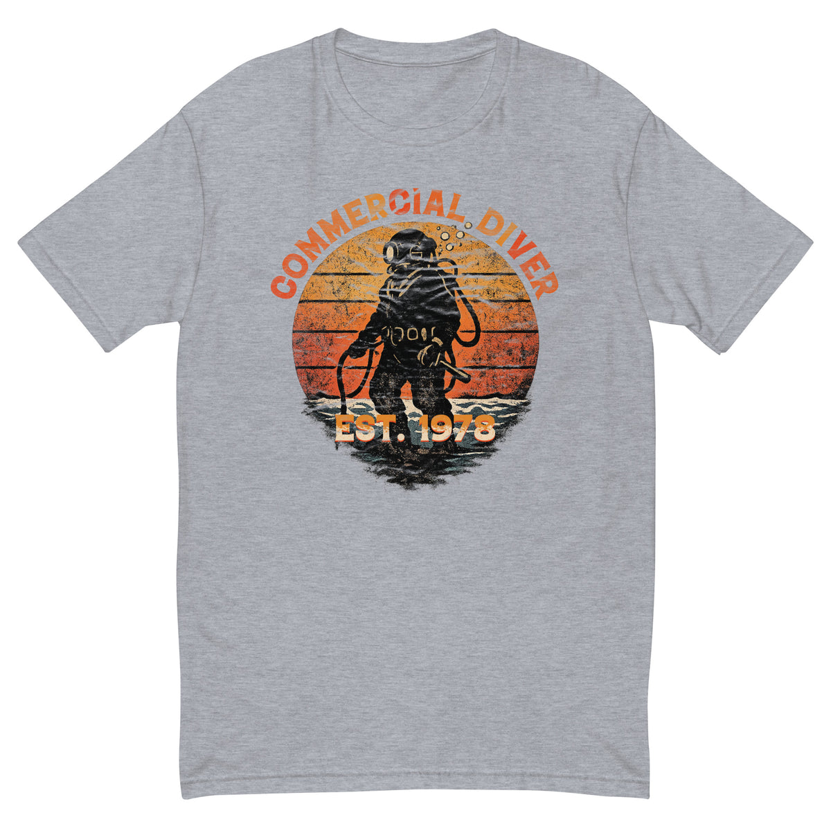Commercial Diver Est. 1978 tee with a hard-hat diver and retro sunset on a heather grey men's fitted t-shirt
