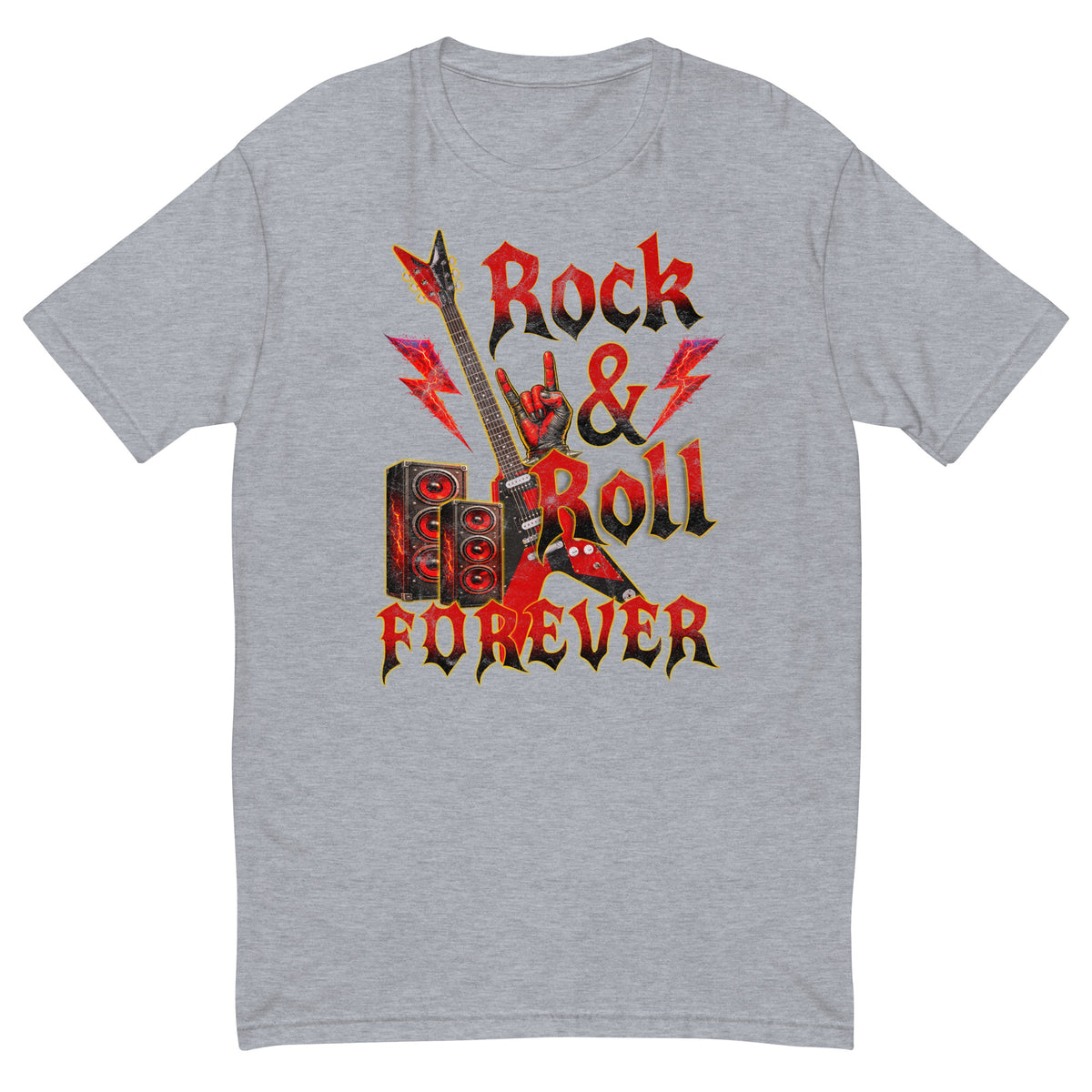 Rock & Roll Forever tee with a red guitar, lightning bolts and amp stack on a heather grey men's fitted t-shirt