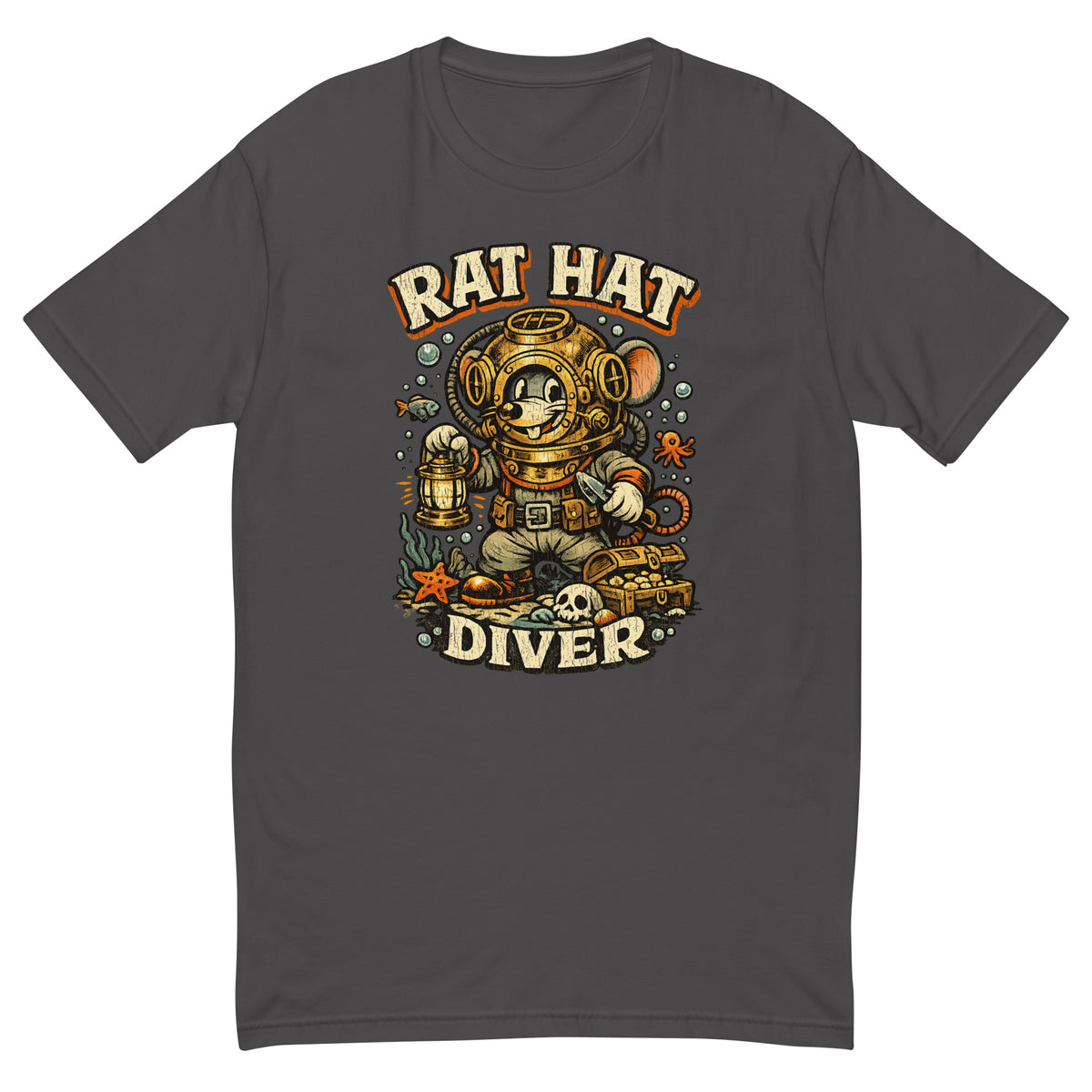 Rat Hat Diver mouse in a brass diving helmet badge on a charcoal men's fitted t-shirt