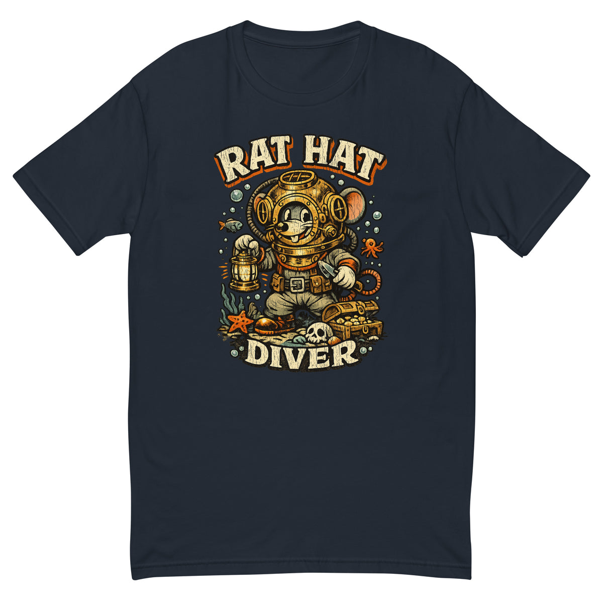 Rat Hat Diver mouse in a brass diving helmet badge on a navy men's fitted t-shirt