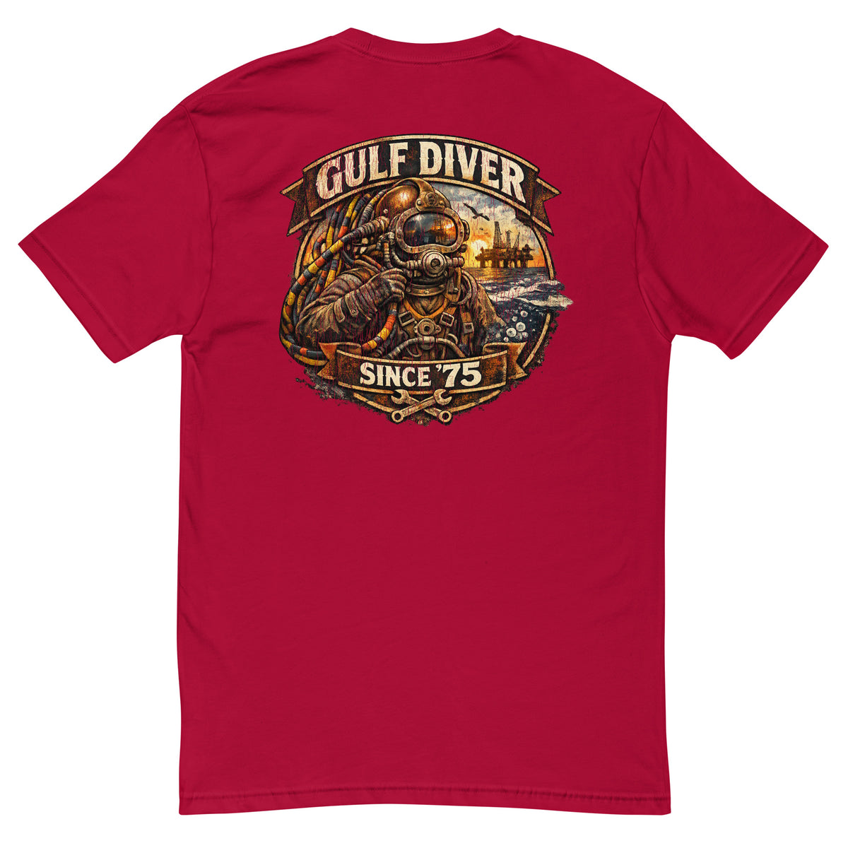 Gulf Diver Since '75 badge with a hard-hat diver, back print on a red men's fitted t-shirt