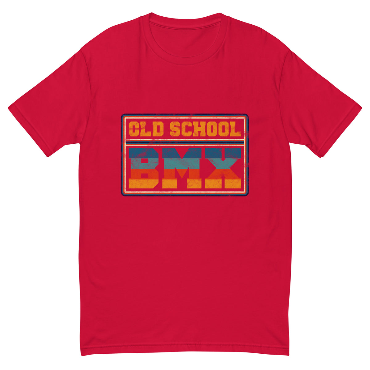 Old School BMX tee with blue and orange retro badge lettering on a red men's fitted t-shirt