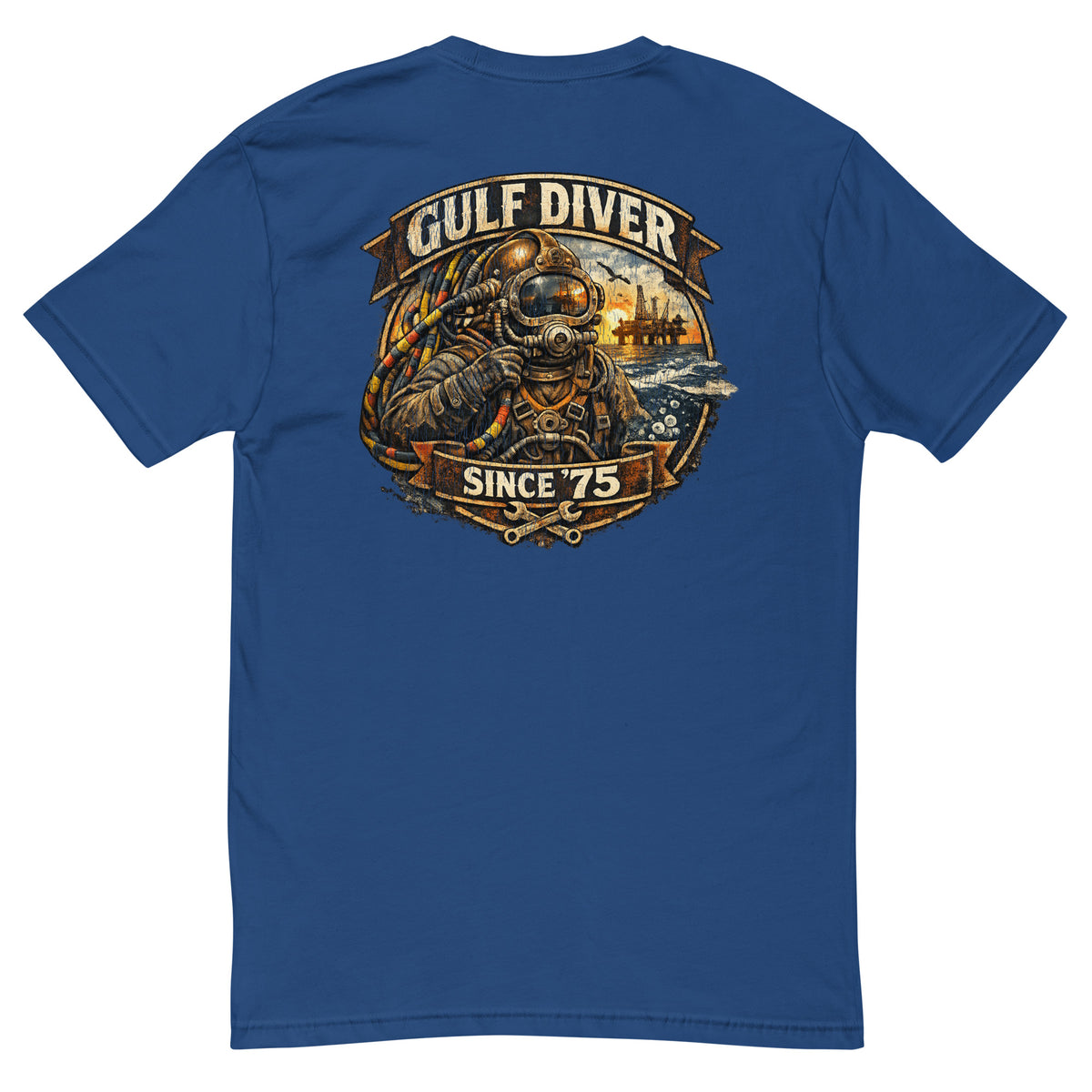 Gulf Diver Since '75 badge with a hard-hat diver, back print on a royal blue men's fitted t-shirt