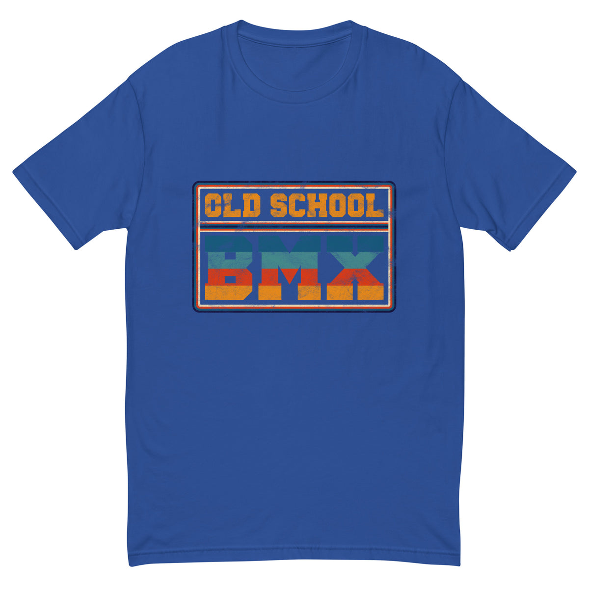 Old School BMX tee with blue and orange retro badge lettering on a royal blue men's fitted t-shirt