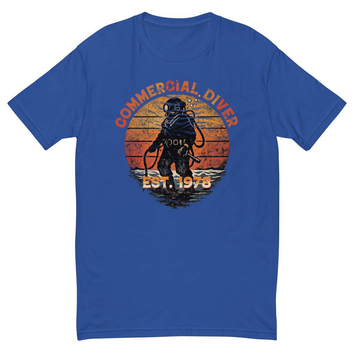 Commercial Diver Est. 1978 tee with a hard-hat diver and retro sunset on a royal blue men's fitted t-shirt