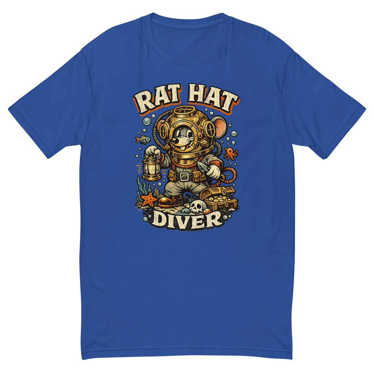 Rat Hat Diver mouse in a brass diving helmet badge on a royal blue men's fitted t-shirt