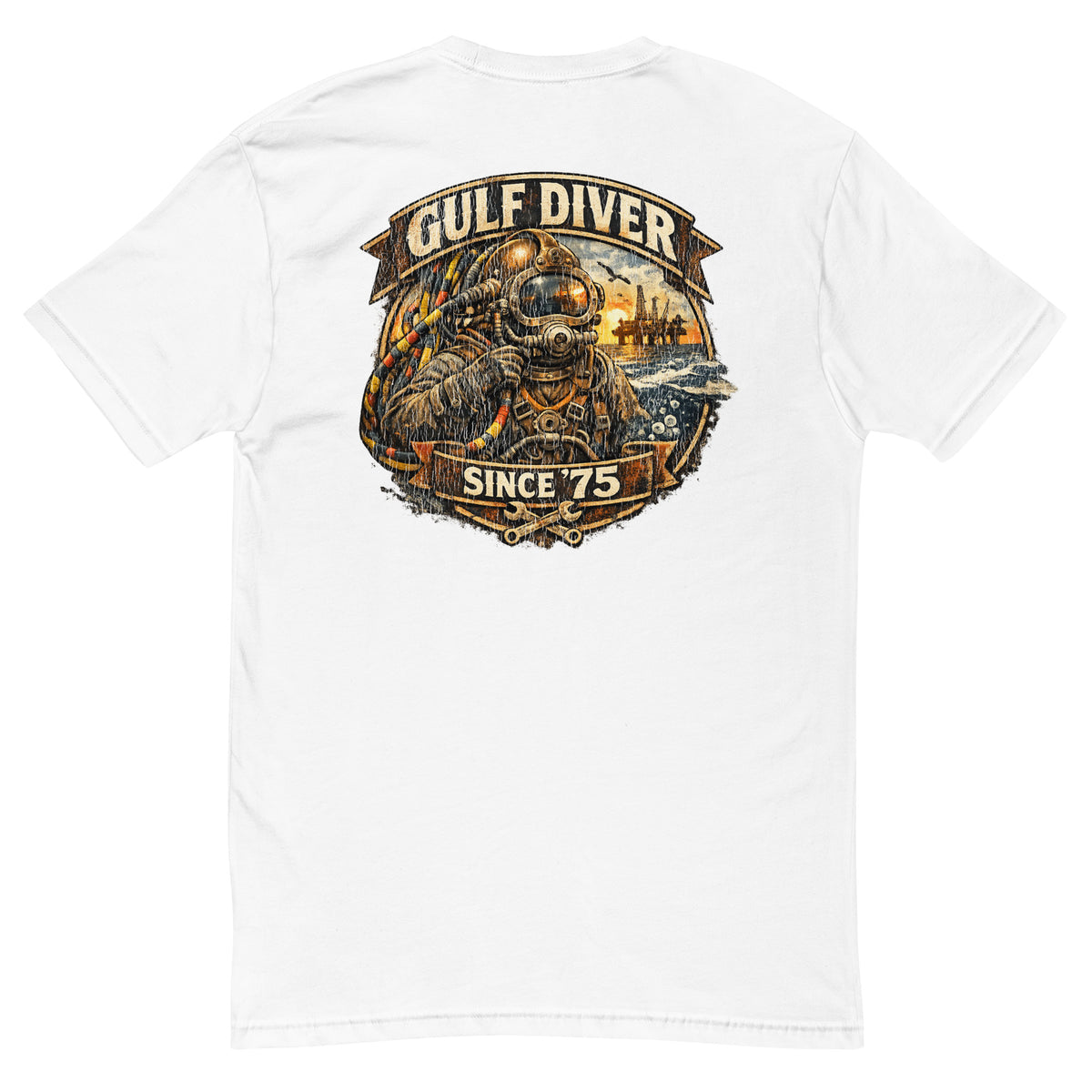 Gulf Diver Since '75 badge with a hard-hat diver, back print on a white men's fitted t-shirt