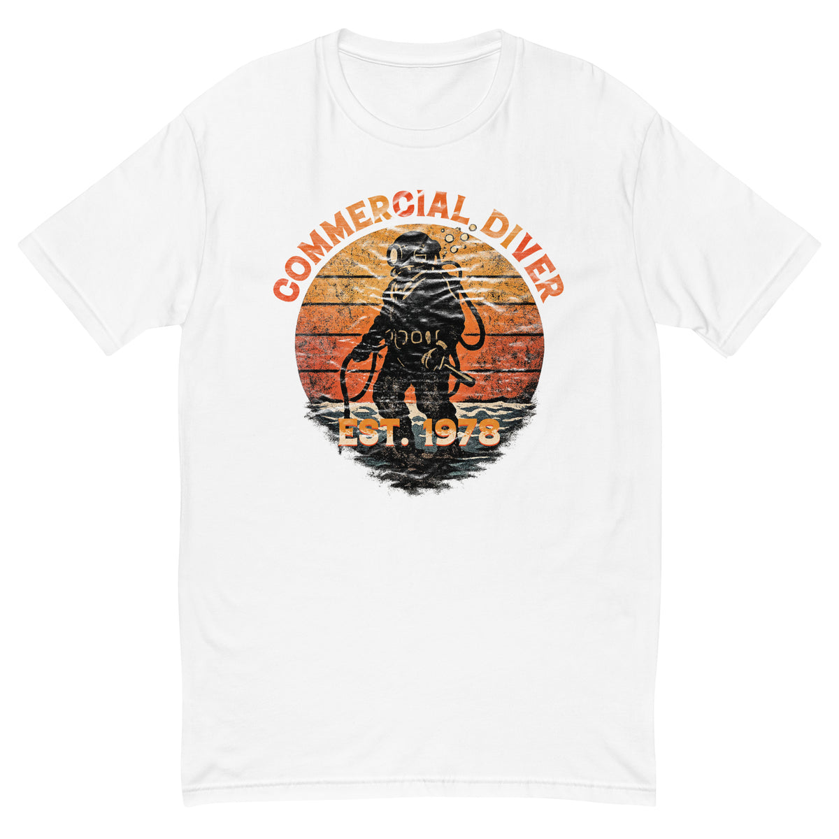 Commercial Diver Est. 1978 tee with a hard-hat diver and retro sunset on a white men's fitted t-shirt