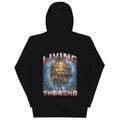 Black unisex hoodie, back view with Living the Bend print of a golden diving bell and two divers