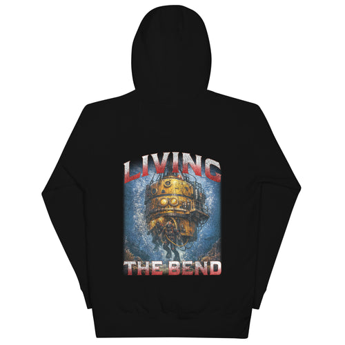 Black unisex hoodie, back view with Living the Bend print of a golden diving bell and two divers