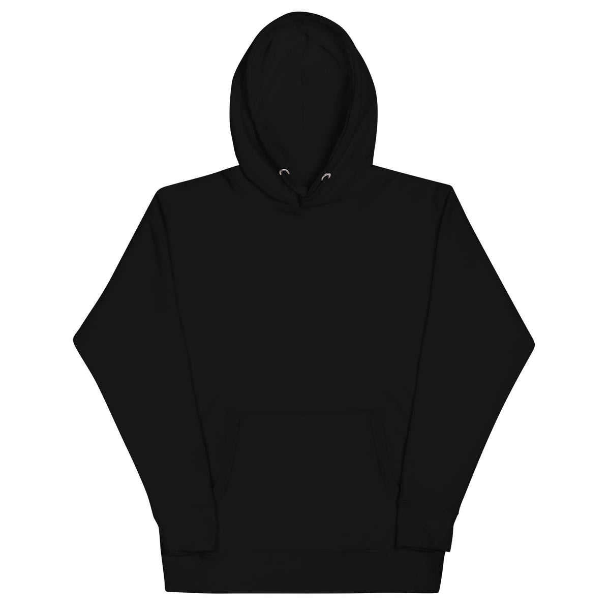 Plain black unisex hoodie, front view with pouch pocket