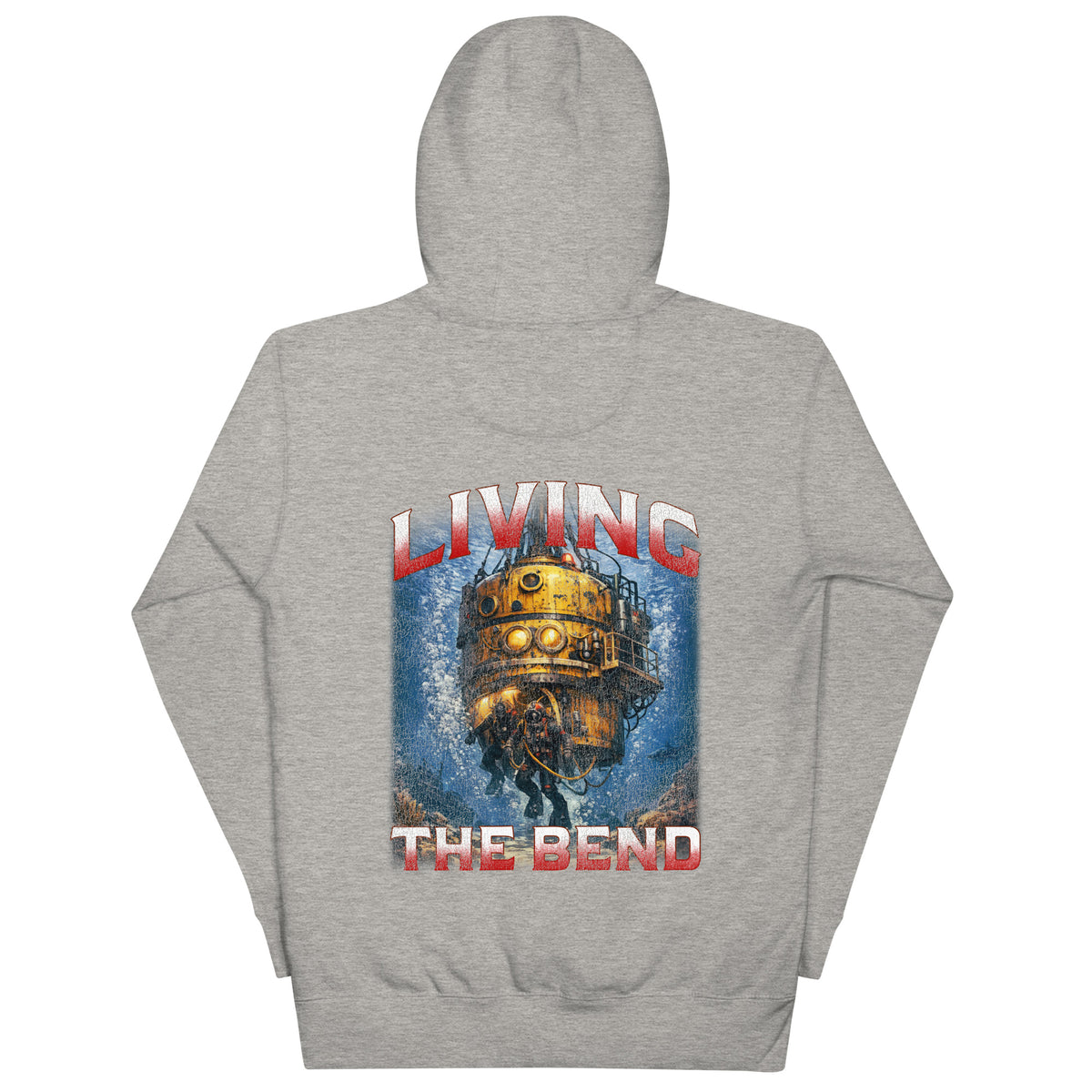 Carbon grey unisex hoodie, back view with Living the Bend print of a golden diving bell and two divers