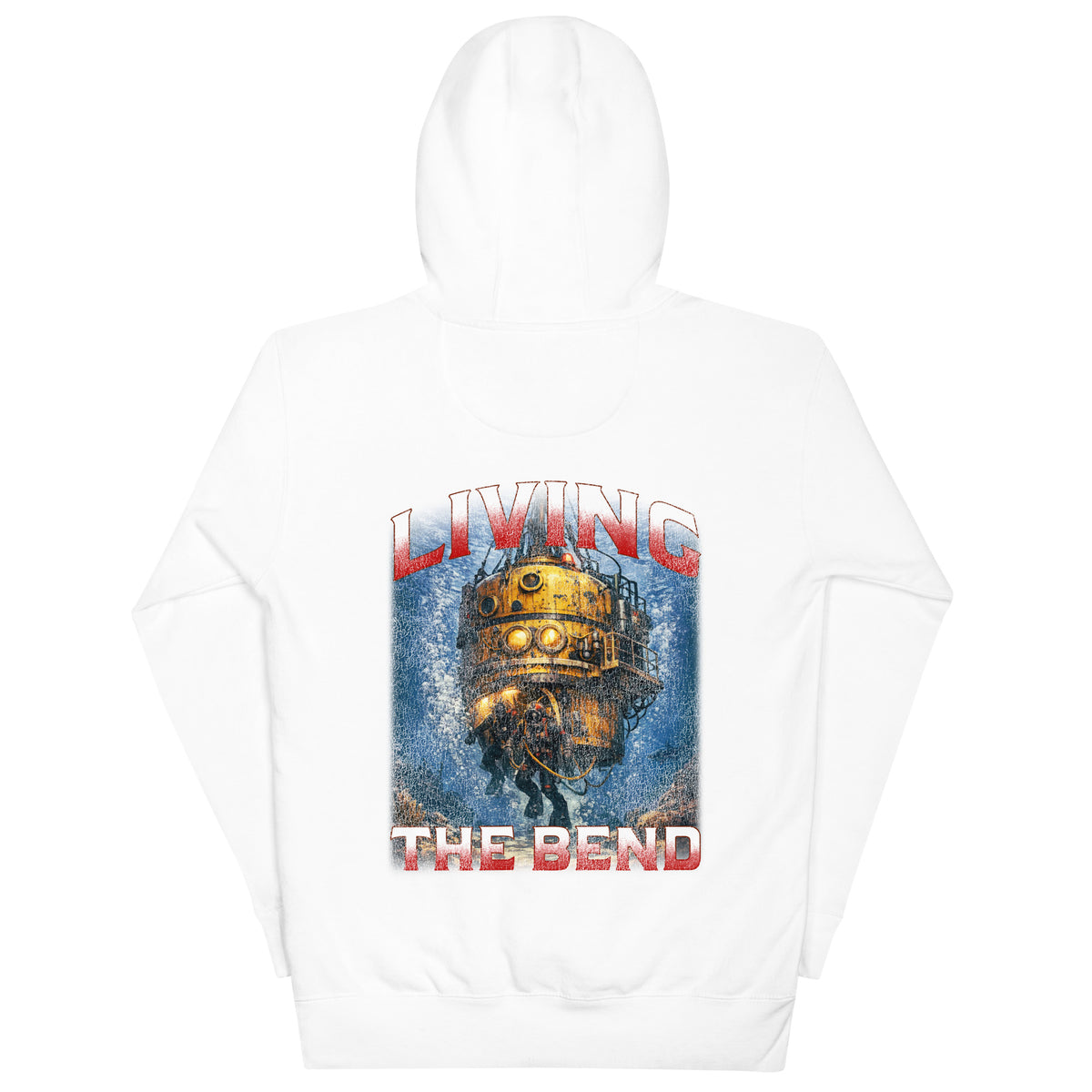 White unisex hoodie, back view with Living the Bend print of a golden diving bell and two divers