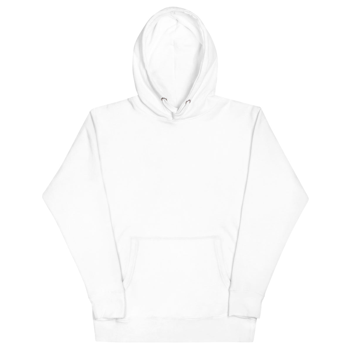 Plain white unisex hoodie, front view with pouch pocket